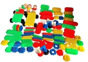 Vintage Playskool Bristle Blocks Building Toy Set with Figures and Vehicles